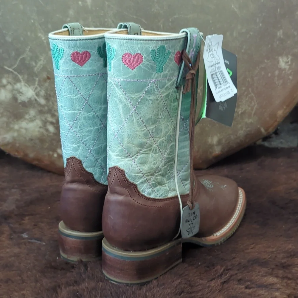 TIN HAUL I<3 Cactus🌵 cowgirl boots brown/lake green/pink sz 2 little girl NWT